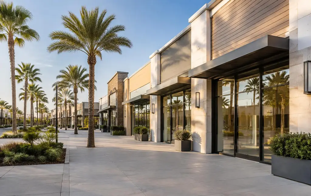 Clean concrete walkways along a Los Angeles retail plaza