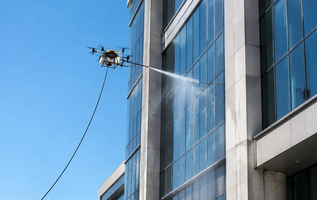 Tethered cleaning drone spraying a glass and concrete building facade