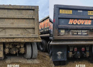 Dump truck before and after fleet washing
