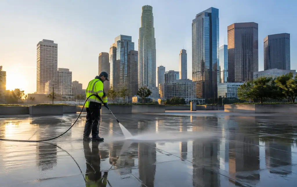Technician pressure washing a plaza beneath downtown Los Angeles towers