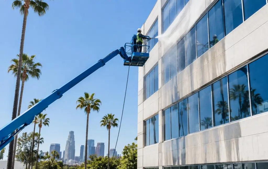 Boom lift technician washing a commercial office facade in Los Angeles