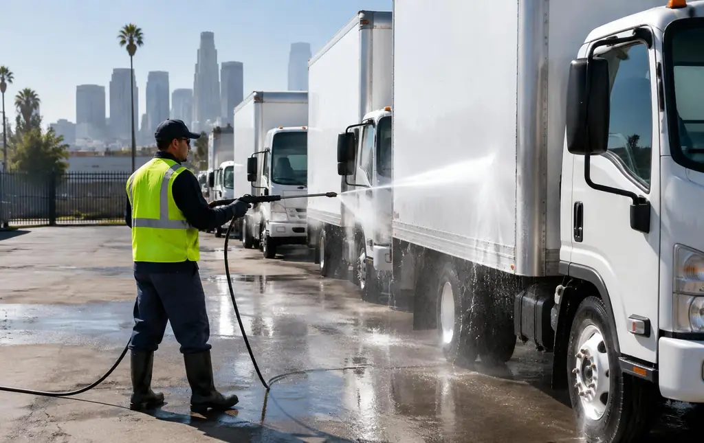 Worker pressure washing a row of box trucks in a fleet yard