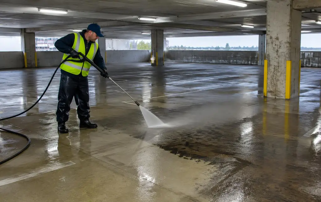Technician pressure washing a parking garage deck