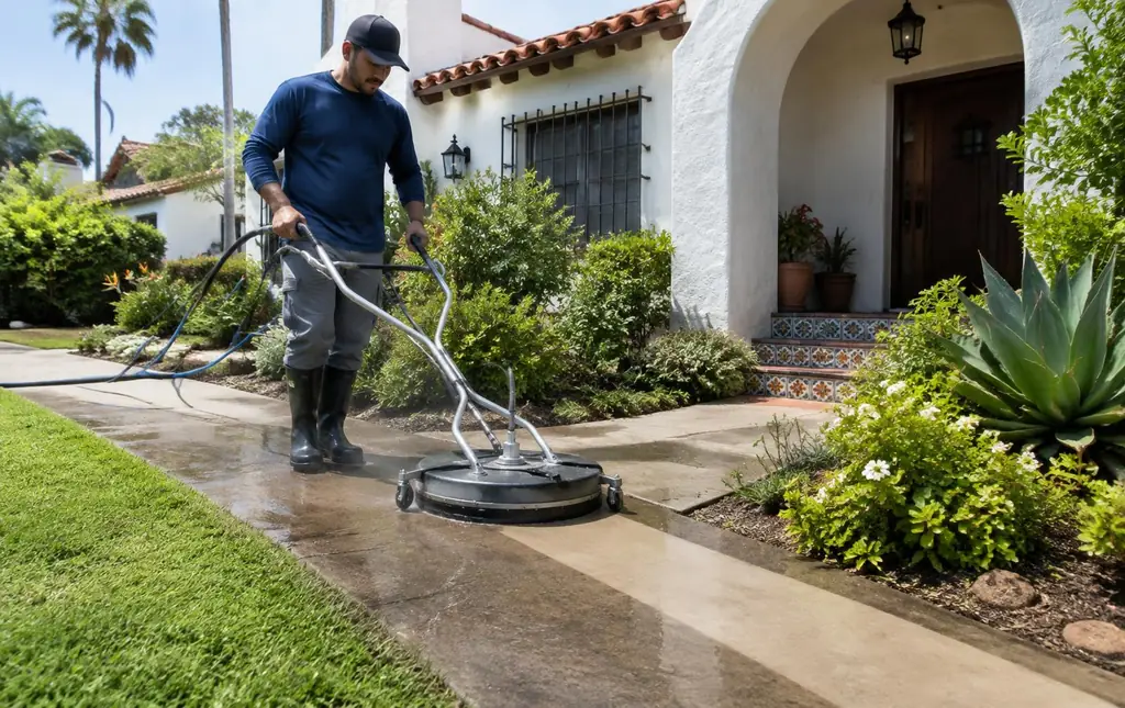 Technician cleaning a residential walkway with a surface cleaner