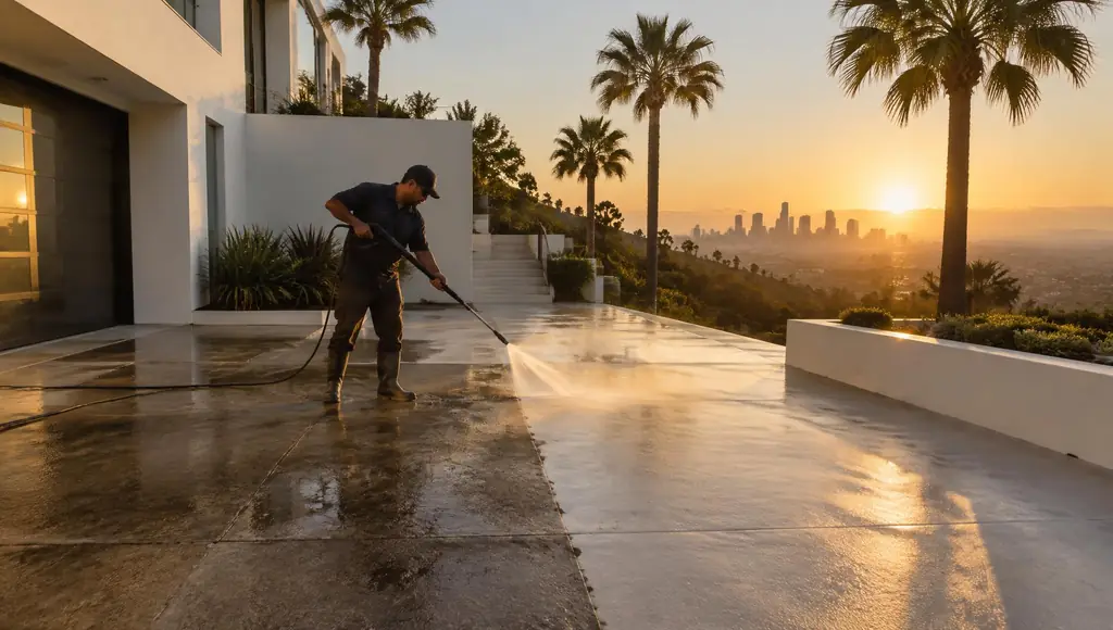 Technician pressure washing a concrete driveway at a modern Los Angeles hillside home
