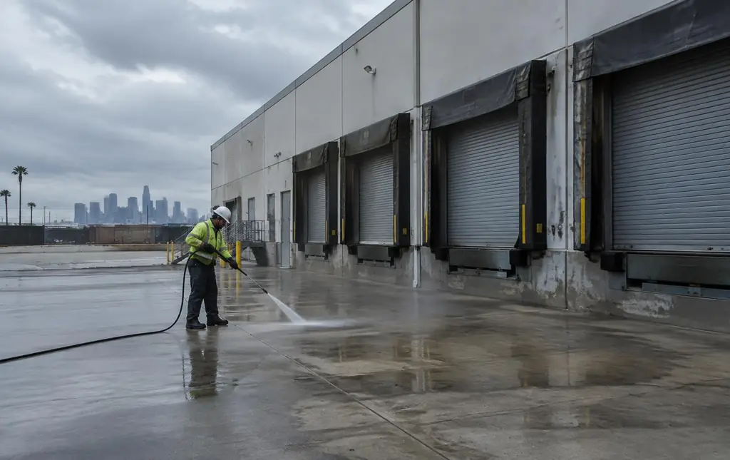 Worker pressure washing a warehouse loading dock apron