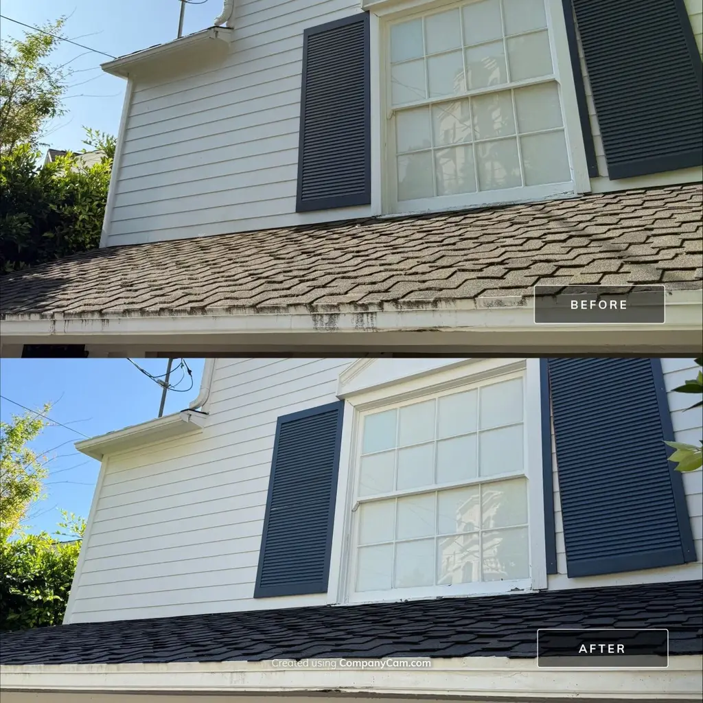 Lap siding and lower roof before and after house washing
