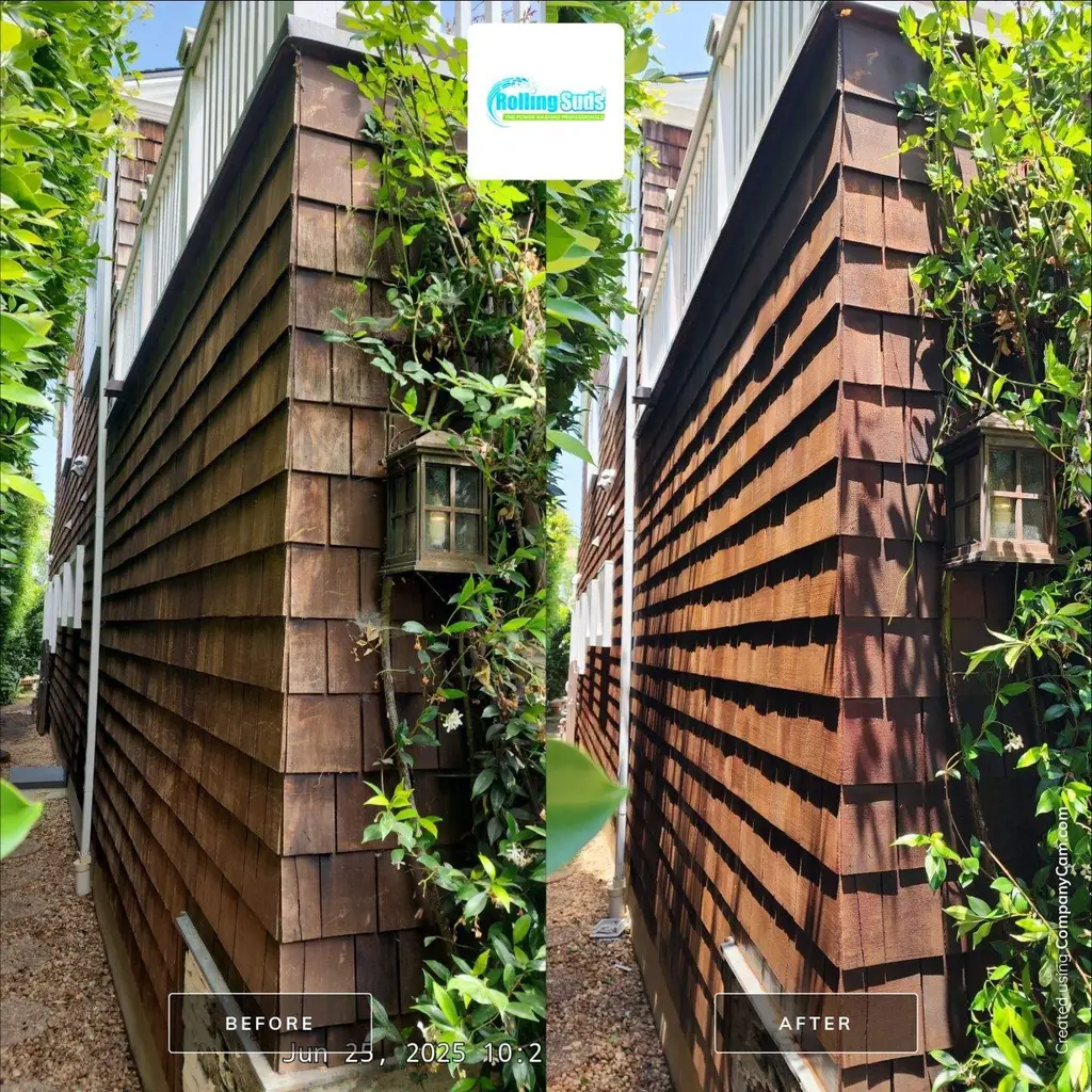 Wood shingle siding before and after cleaning