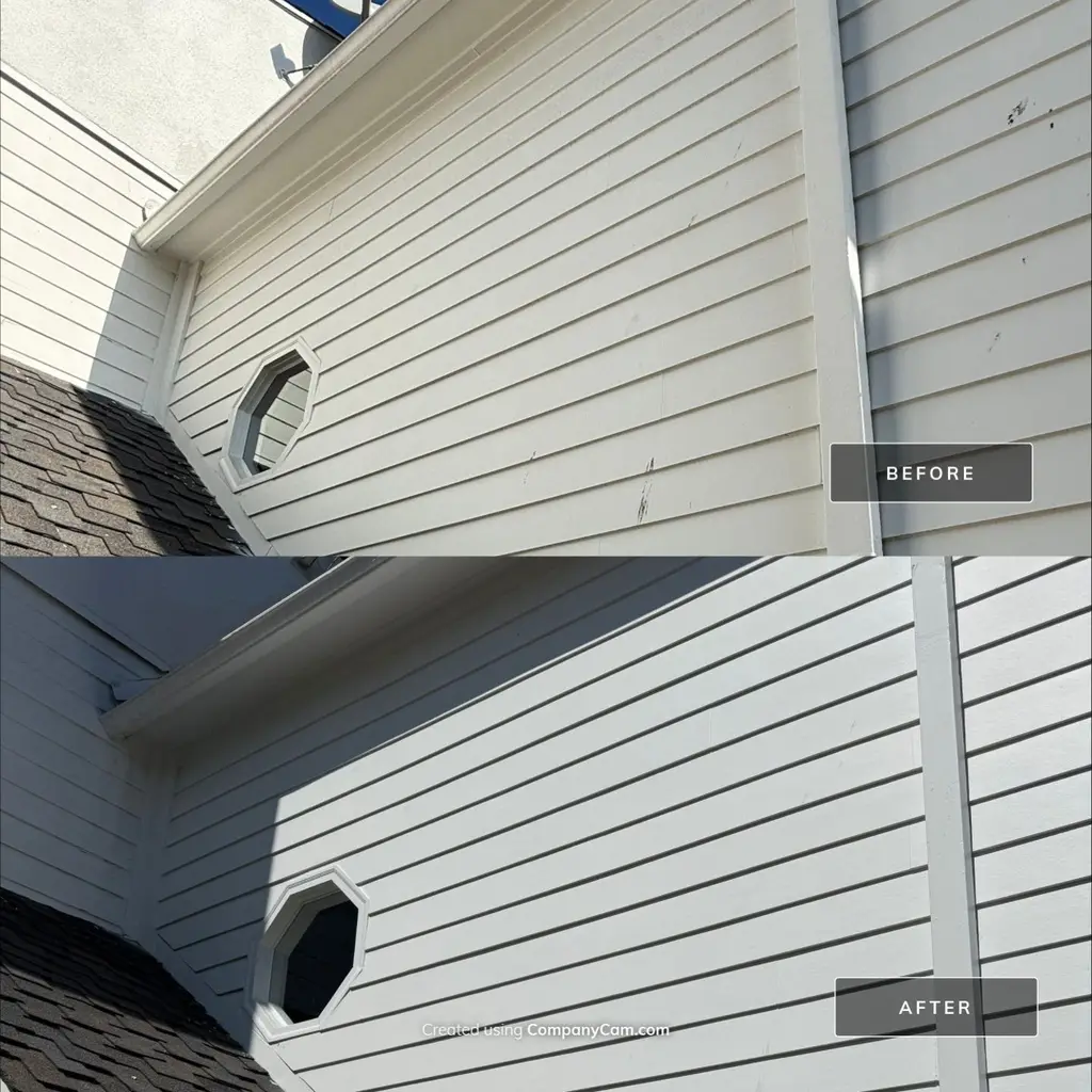 Painted siding and gable before and after house washing