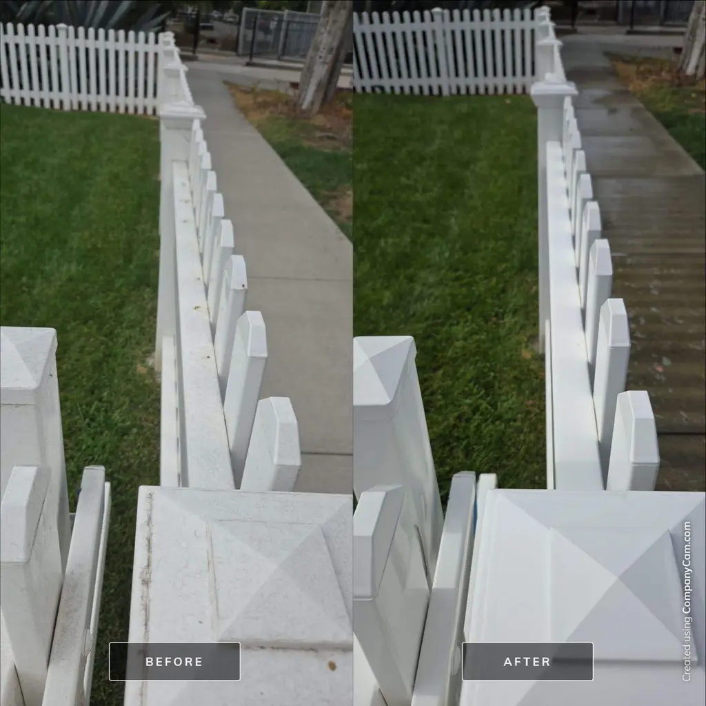 White vinyl picket fence before and after cleaning