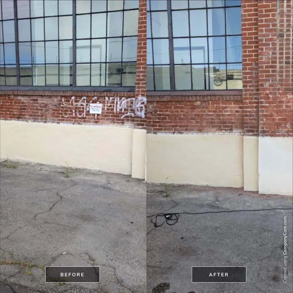 Brick and painted wall before and after graffiti removal