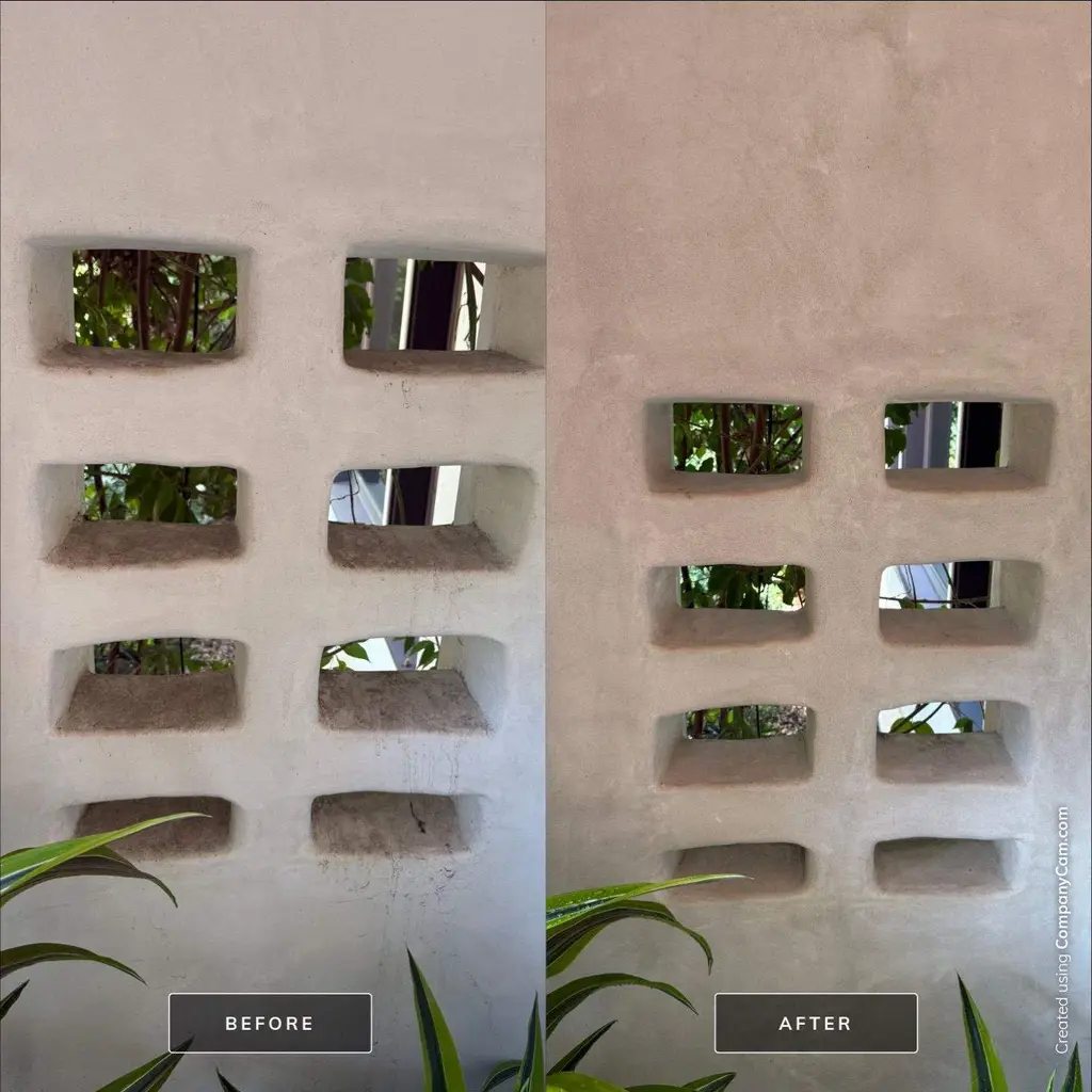 Decorative block wall before and after soft washing