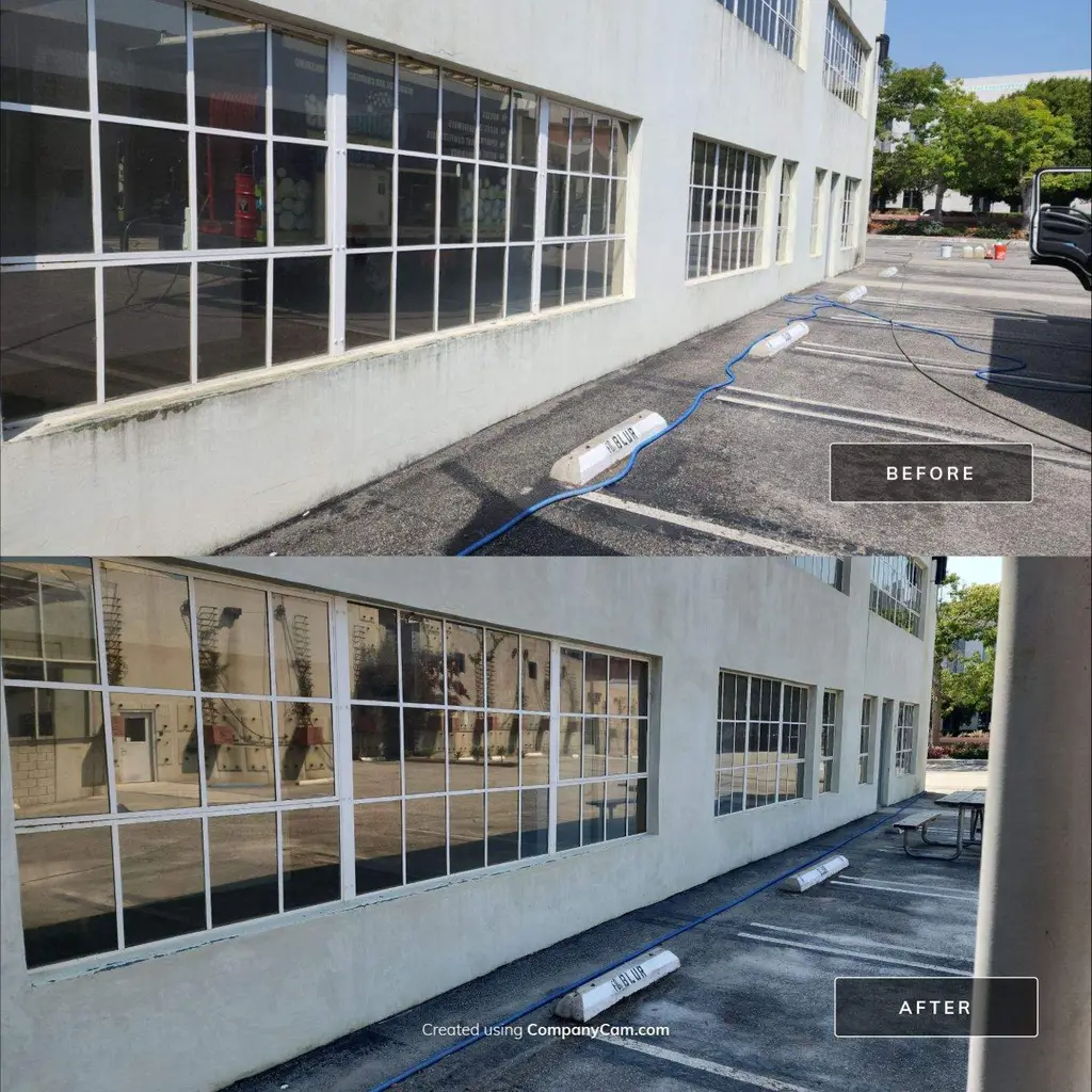 Commercial building wall and windows before and after washing
