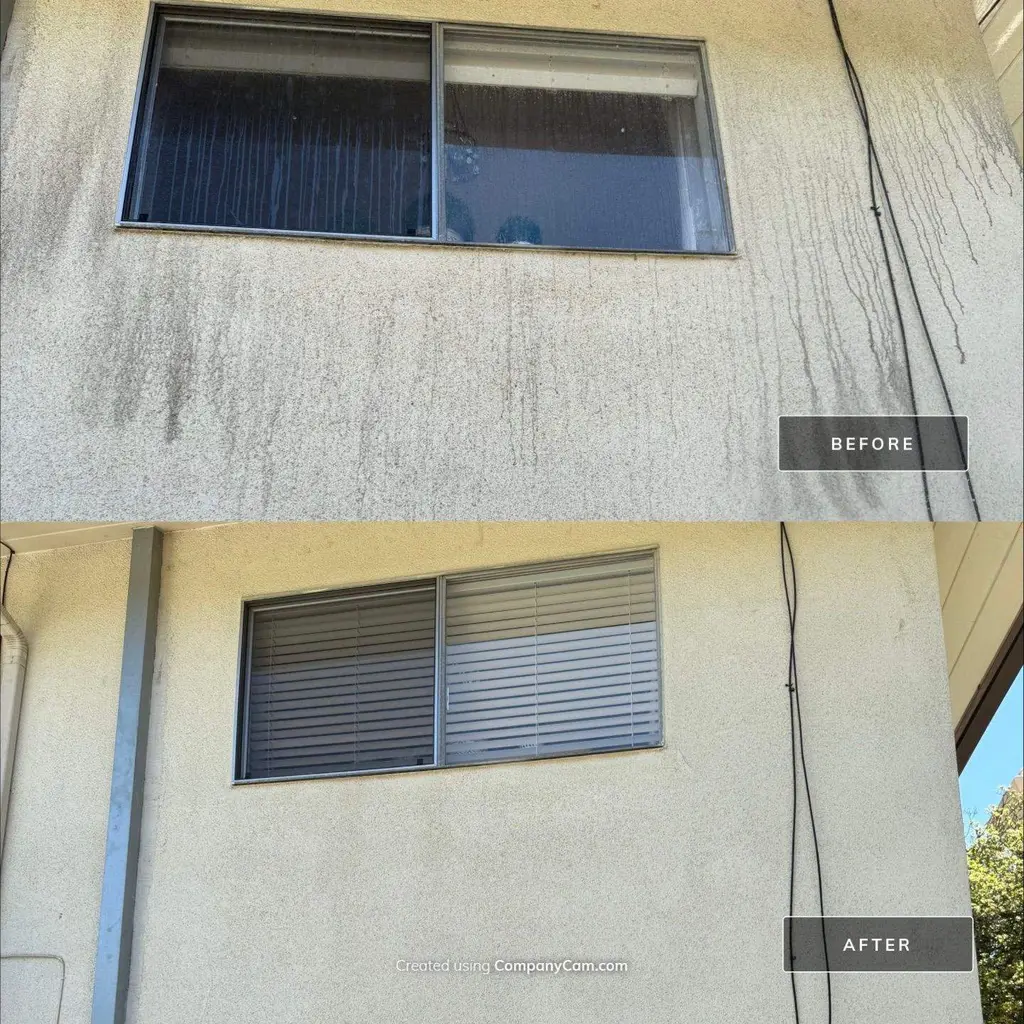 Stucco wall before and after removing streaks
