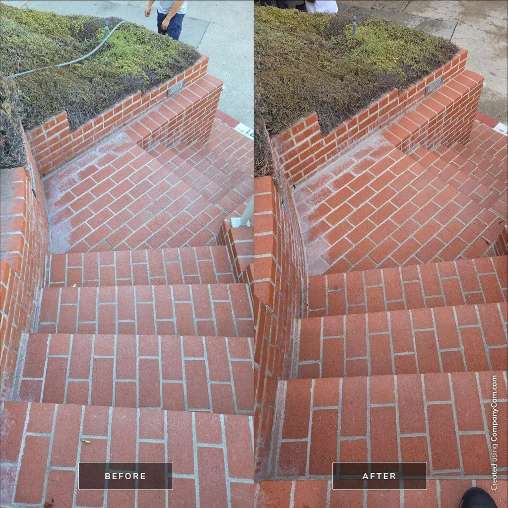 Red brick steps and planter wall before and after cleaning