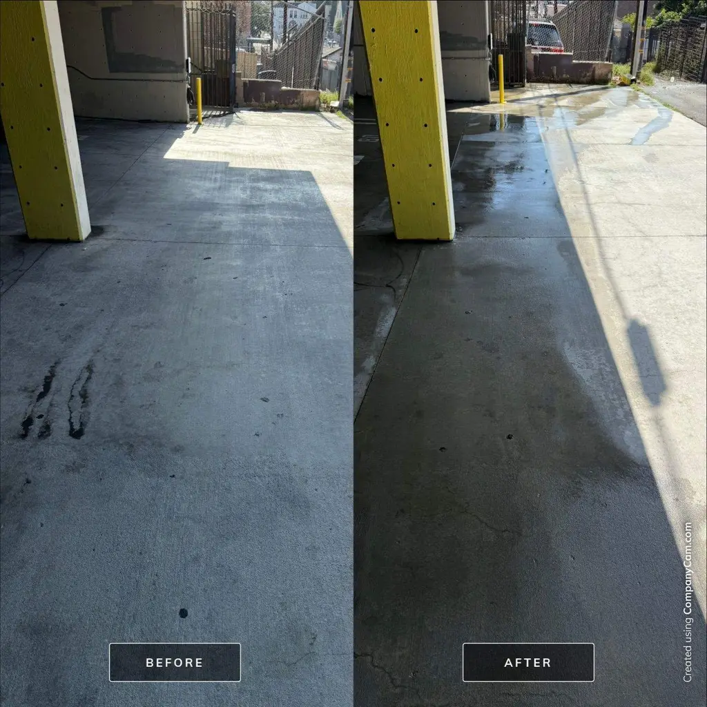 Concrete under a carport before and after removing tire marks