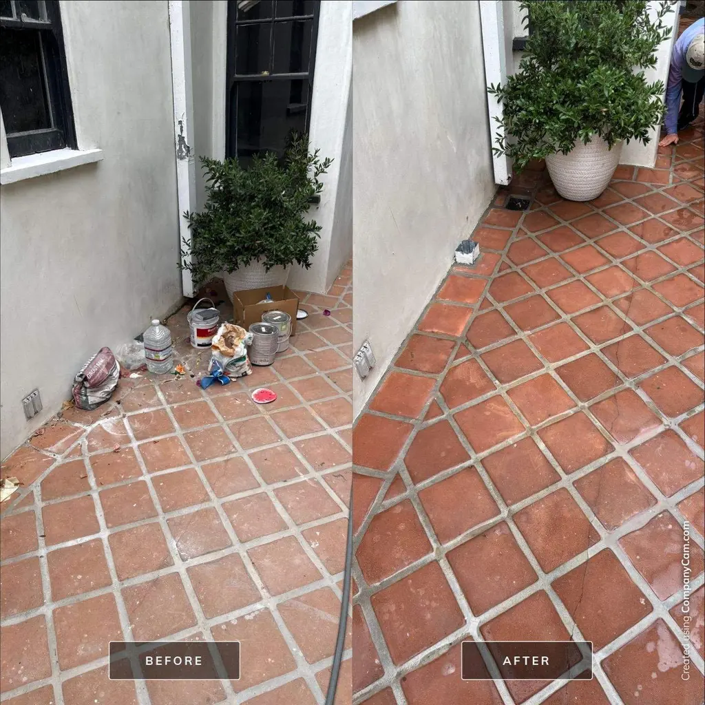 Terracotta tile patio before and after cleaning
