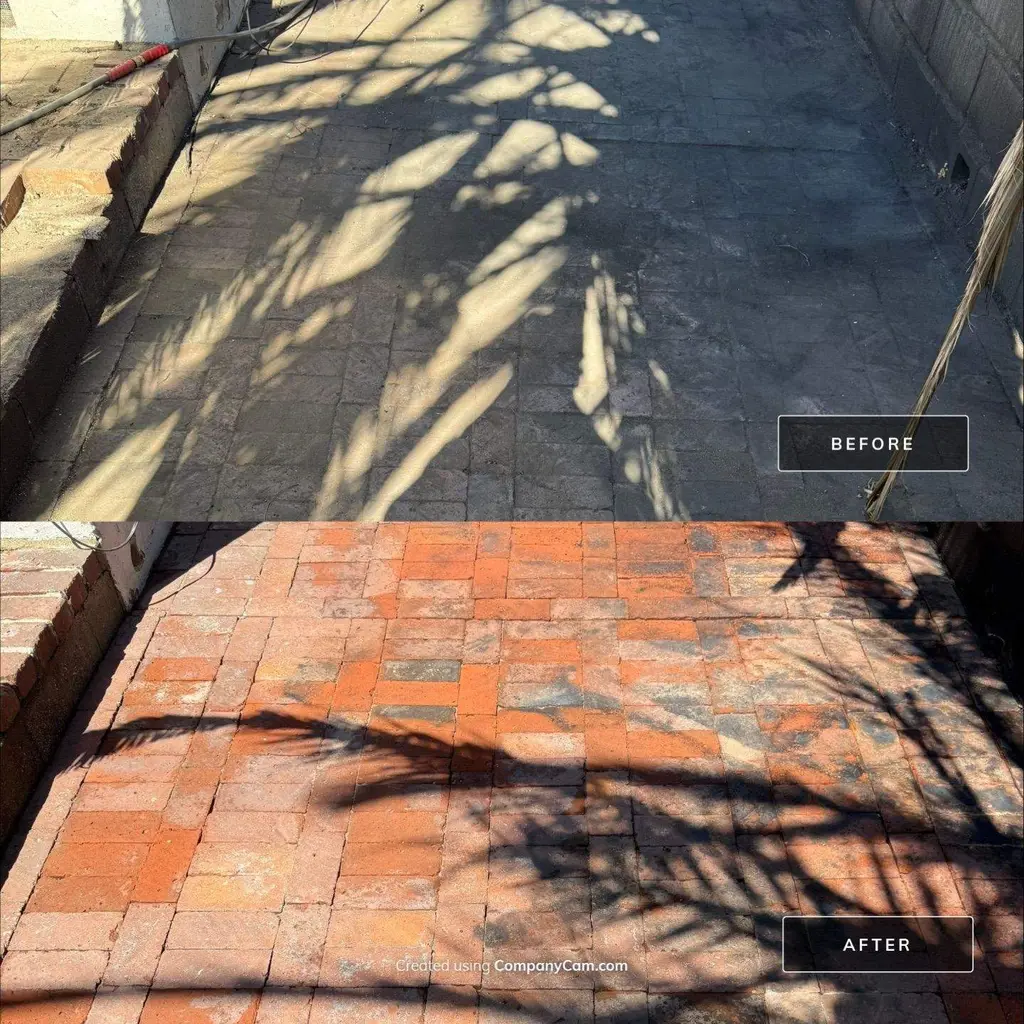 Brick paver walkway before and after removing gray buildup