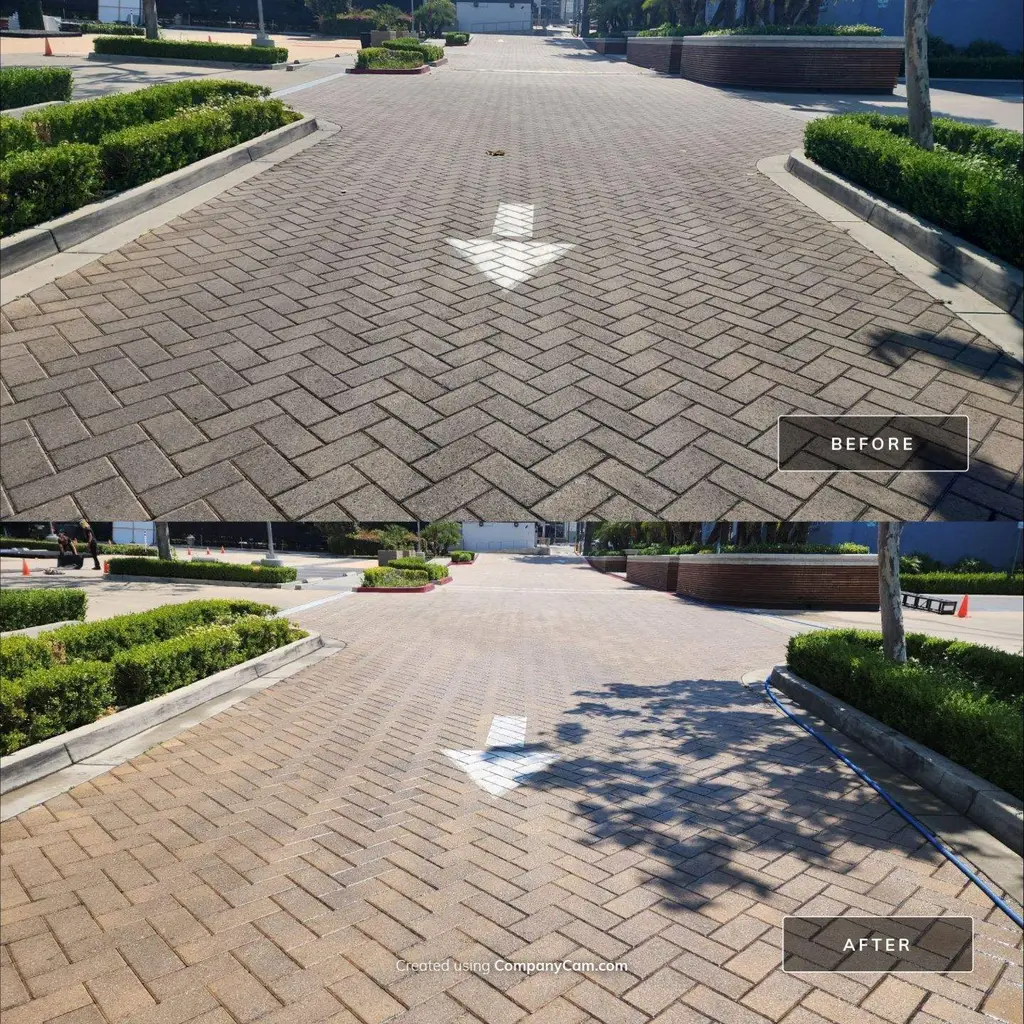 Herringbone paver entry drive before and after cleaning