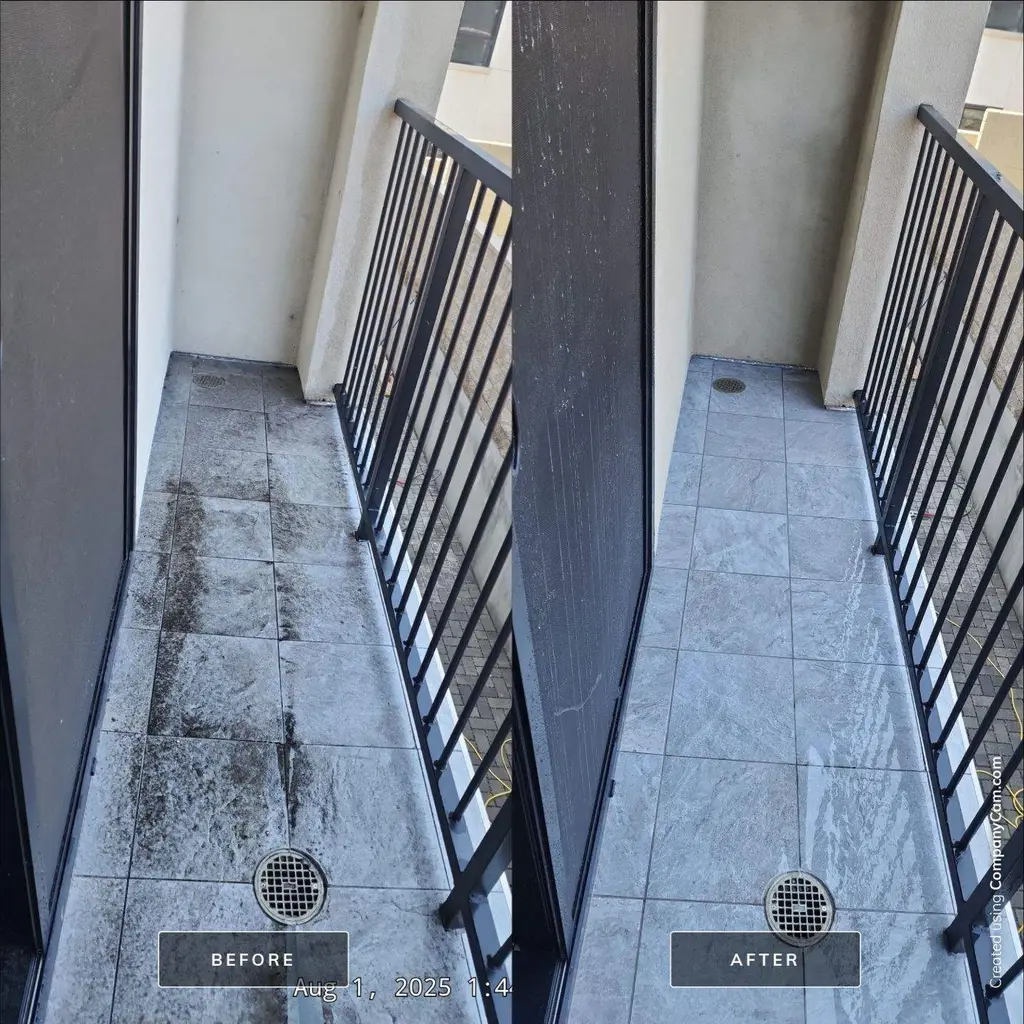 Tiled side balcony before and after removing dirt and debris