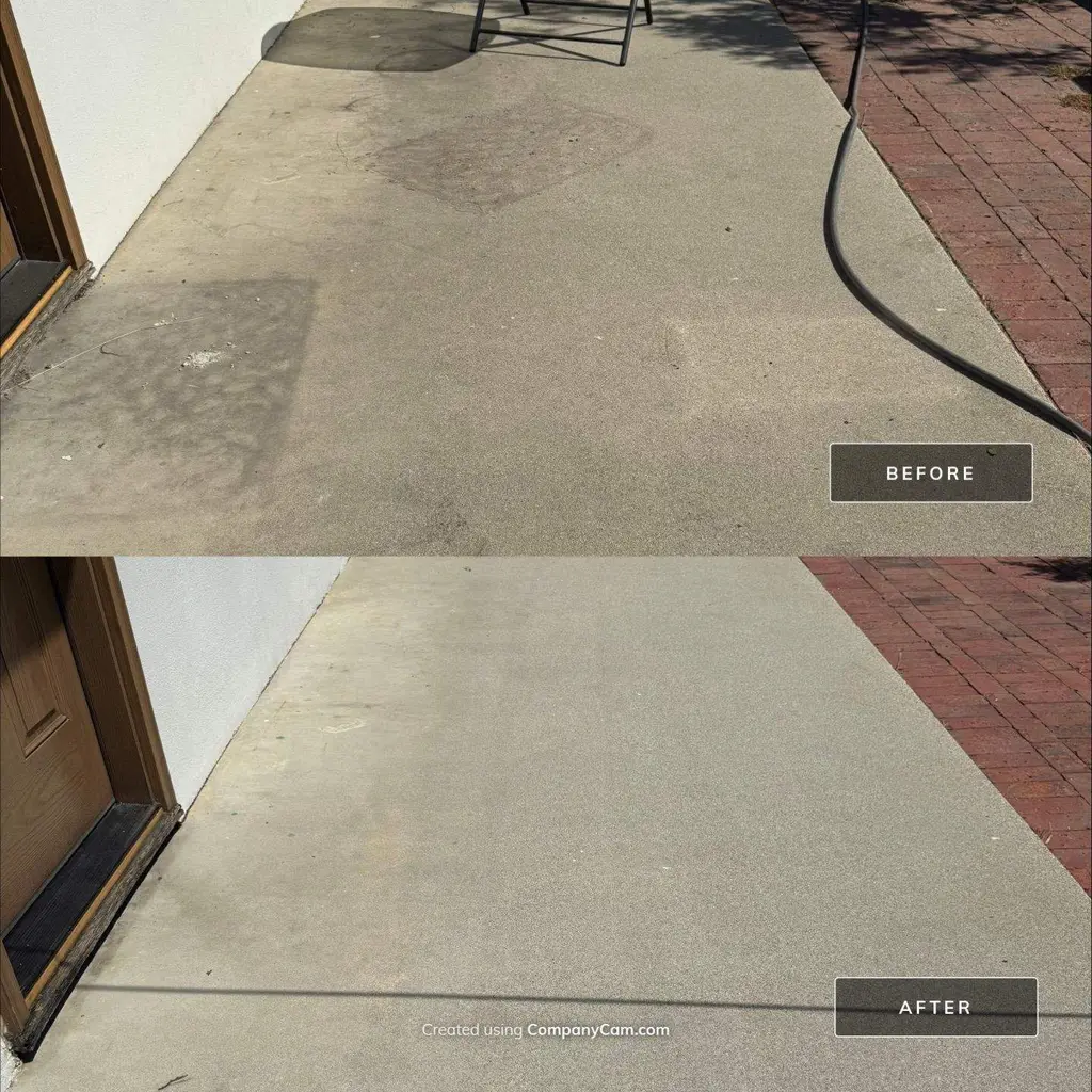 Concrete walkway beside brick border before and after cleaning
