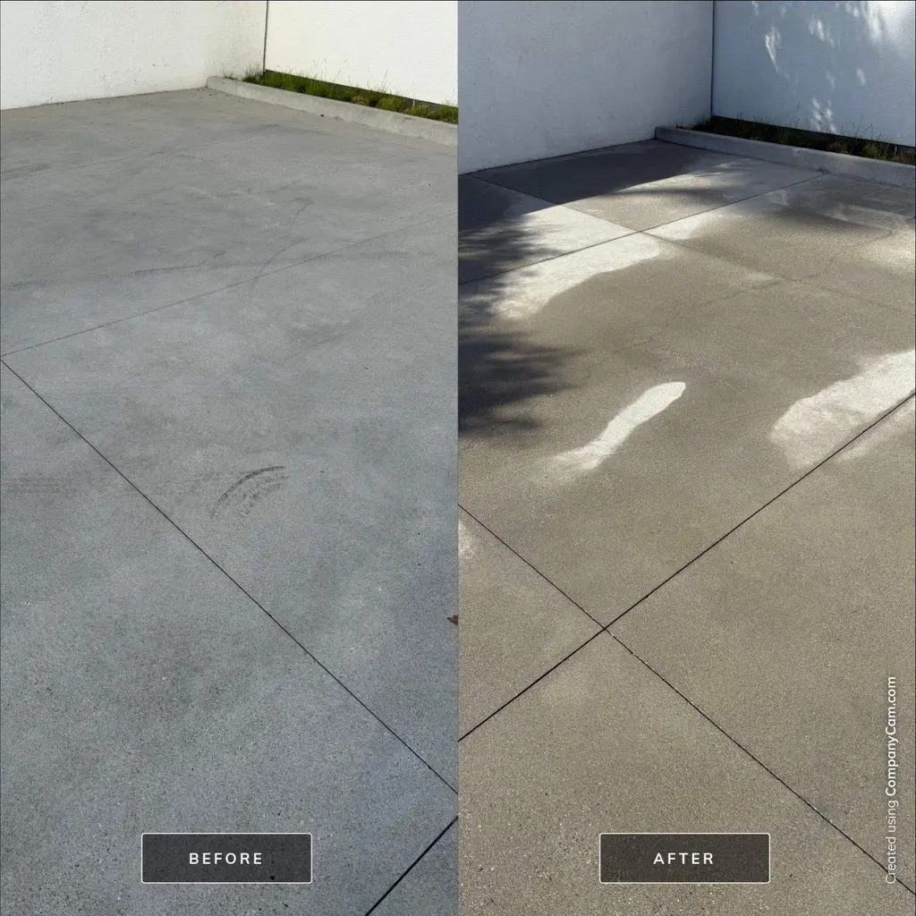 Concrete patio slab before and after pressure washing