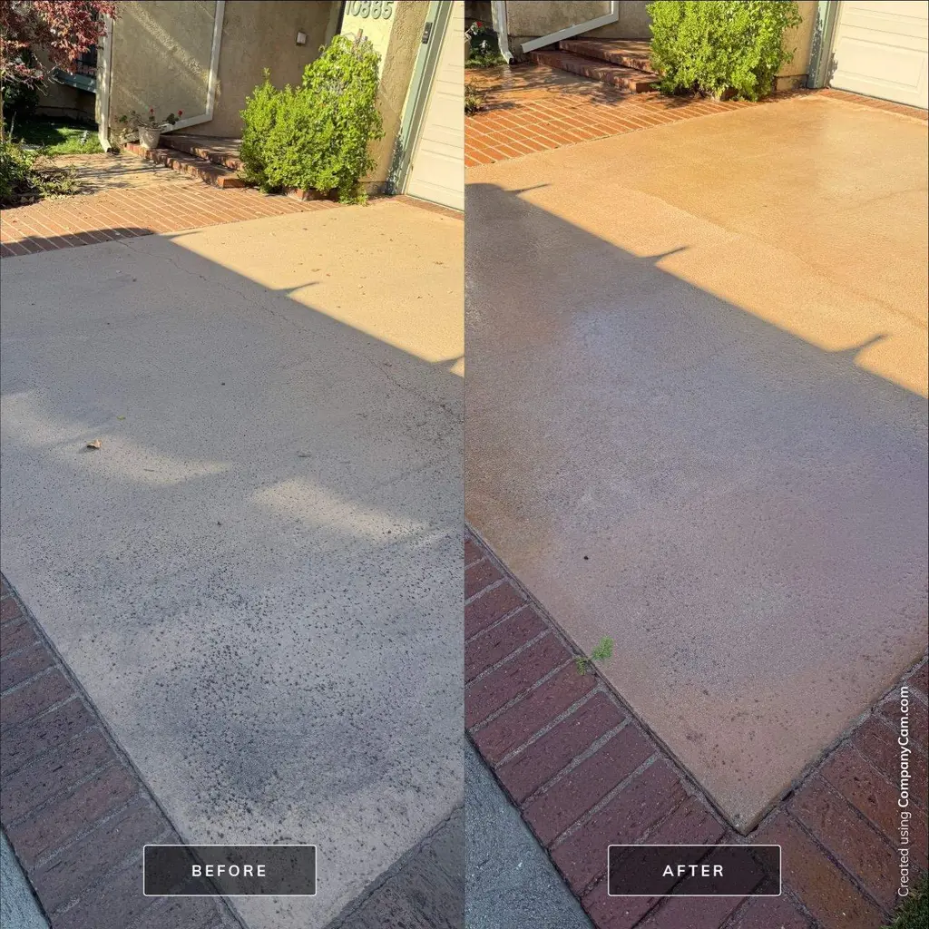 Stained concrete patio before and after cleaning