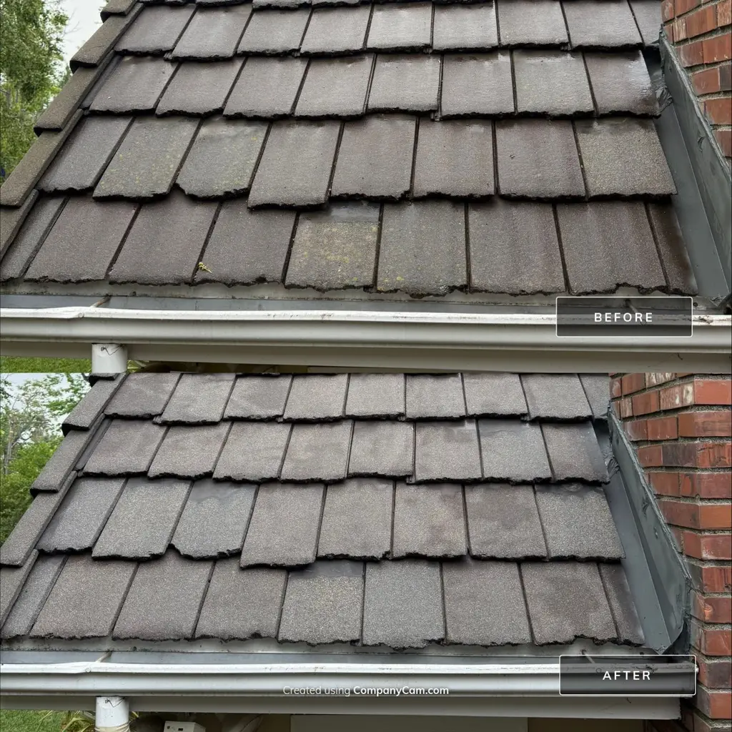 Concrete shake roof before and after soft wash roof cleaning