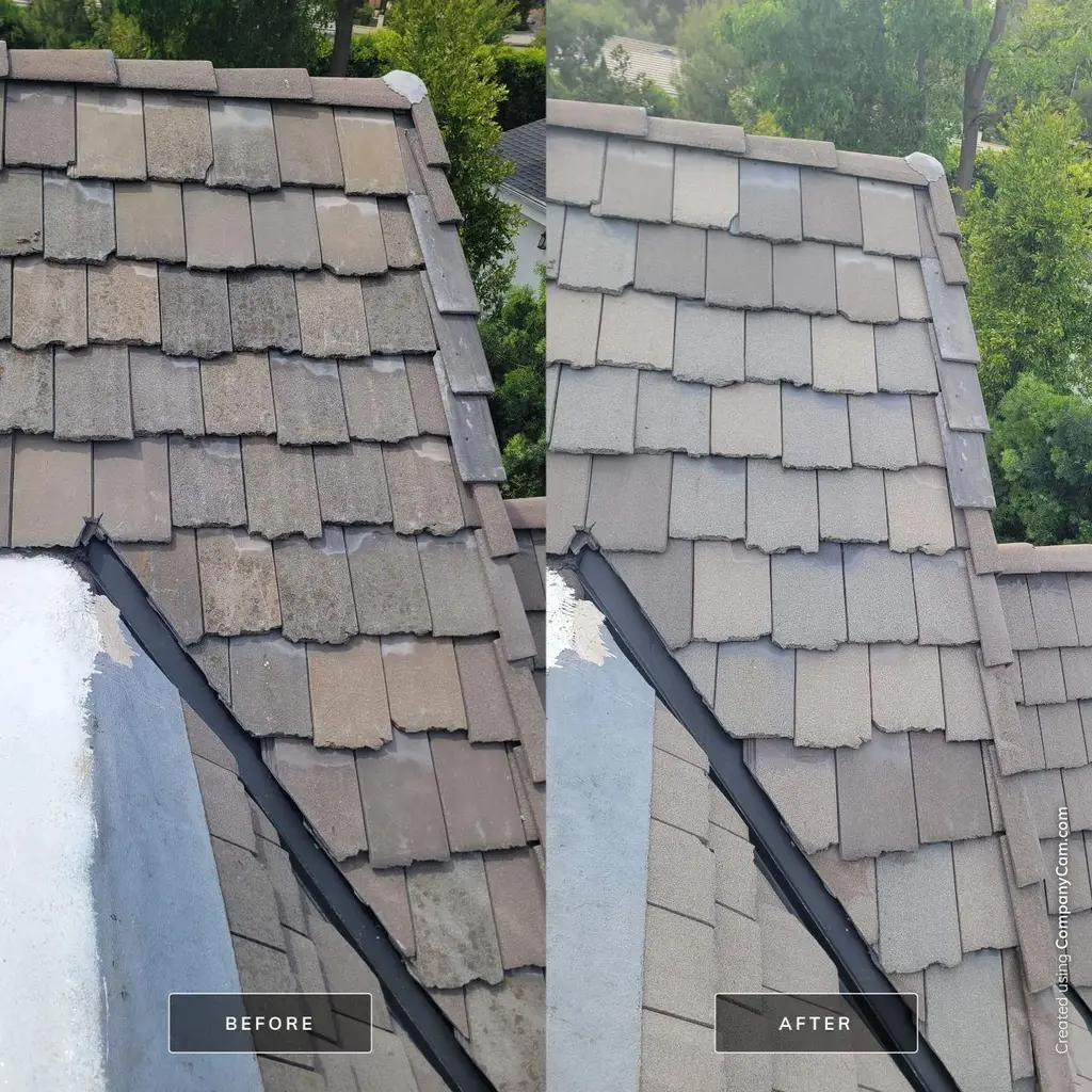 Slate-style roof valley before and after roof cleaning