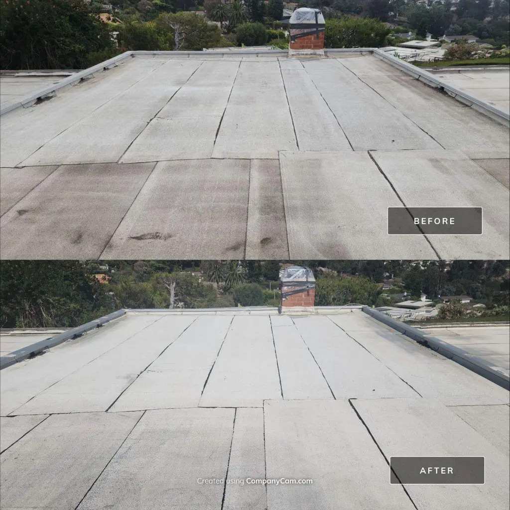 Flat roof membrane before and after cleaning