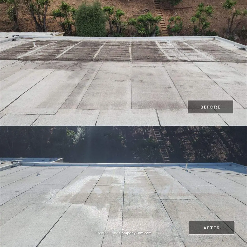Flat roof with heavy dark staining before and after cleaning