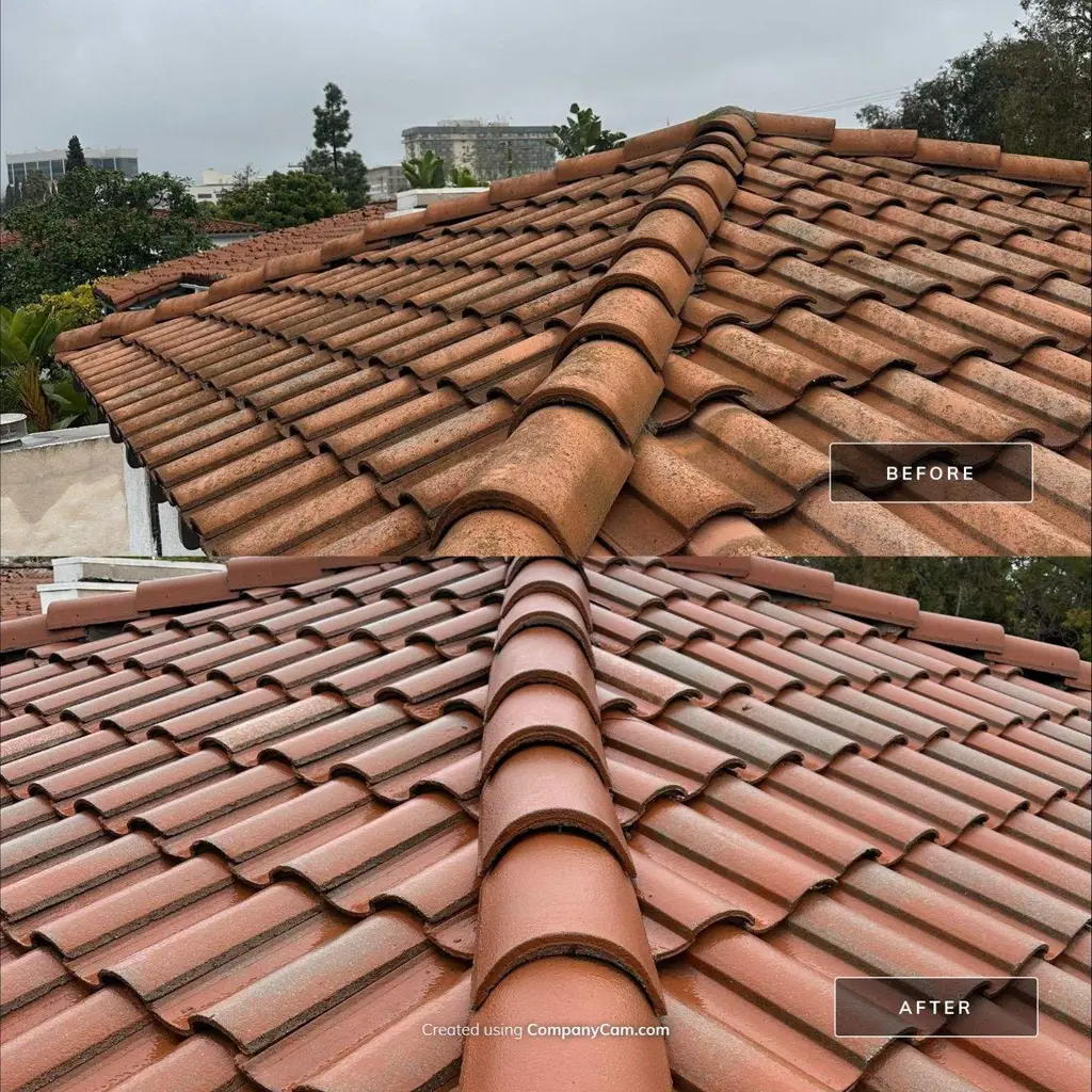 Clay barrel tile roof before and after removing dark staining