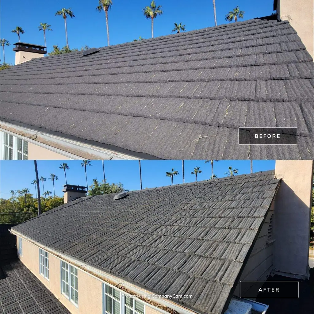 Flat concrete tile roof before and after roof cleaning