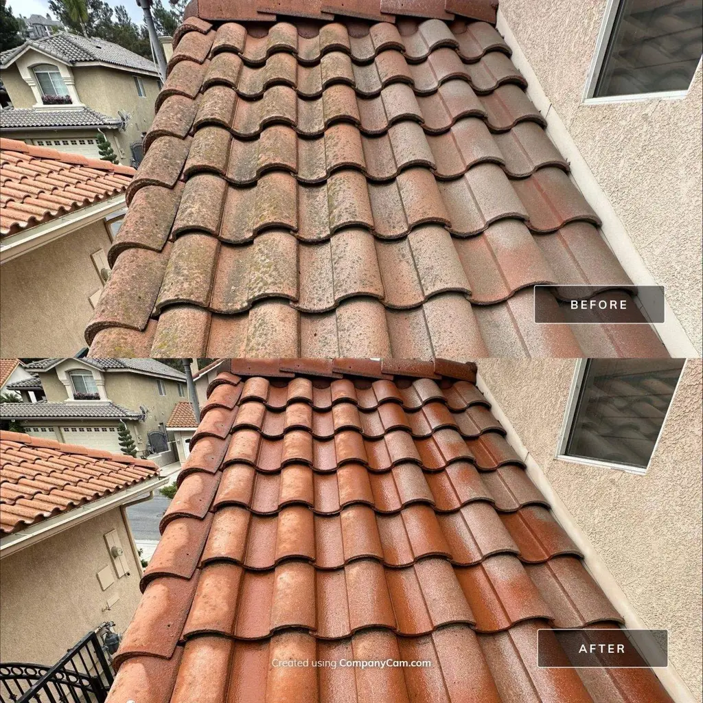 Spanish tile roof beside stucco wall before and after cleaning