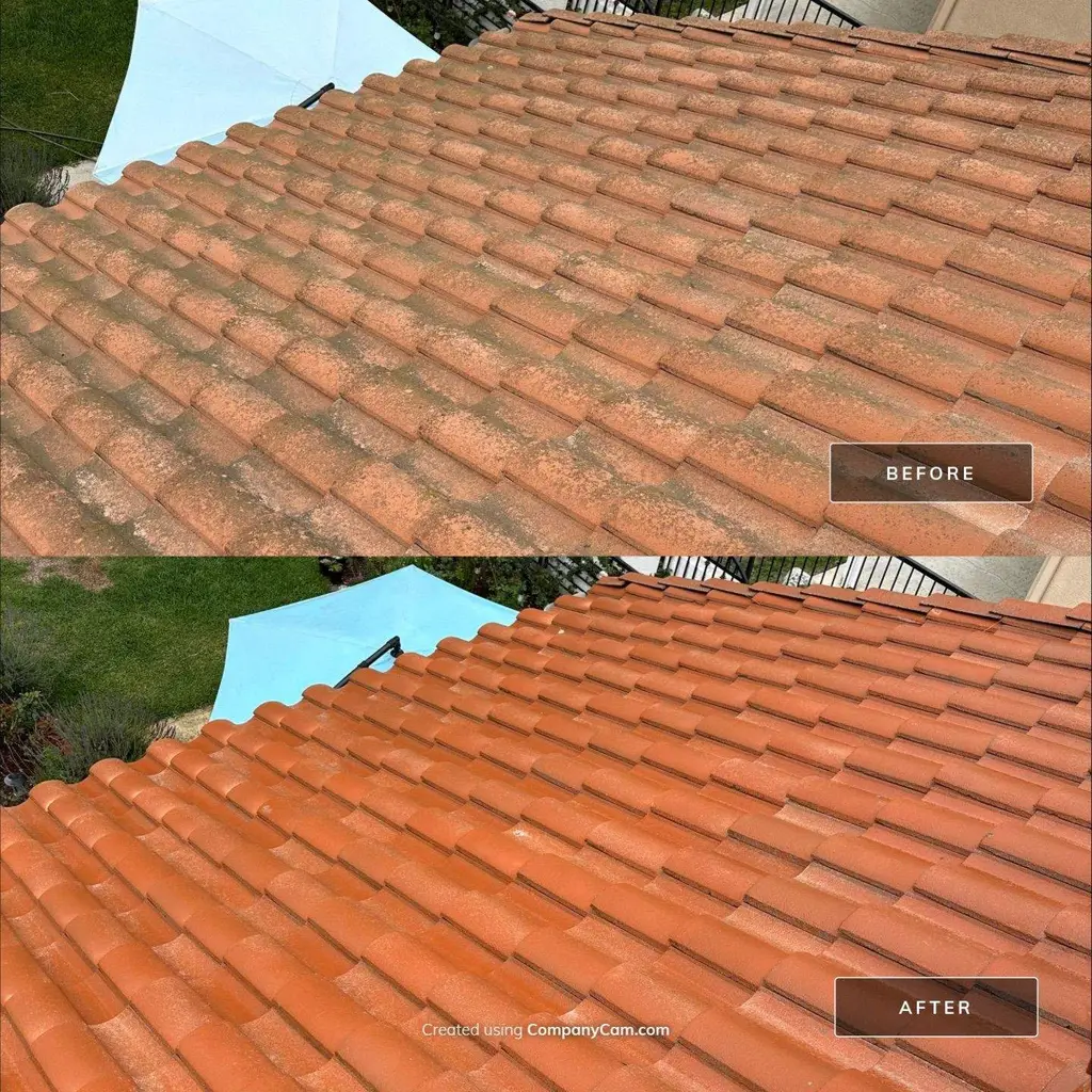 Clay tile roof before and after removing algae and dirt
