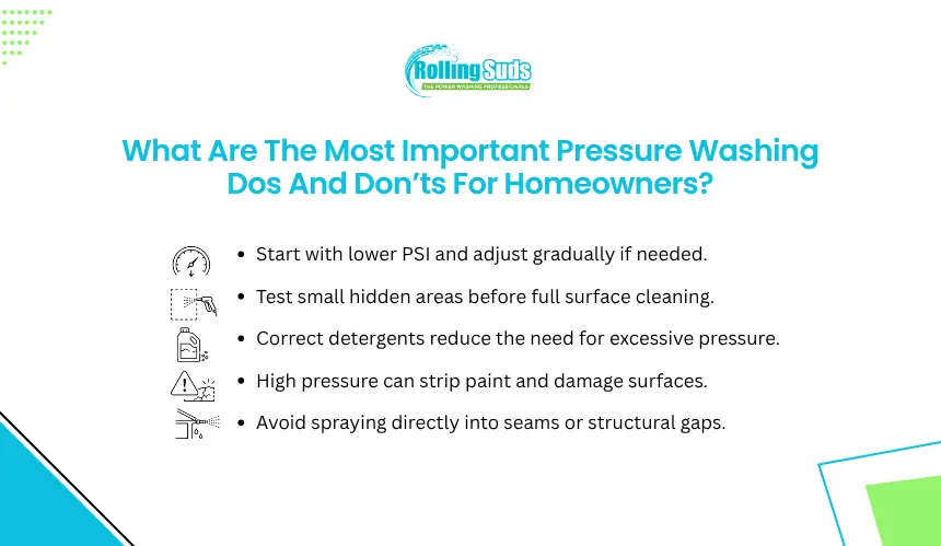 Pressure washing dos and don'ts infographic with five safety points.