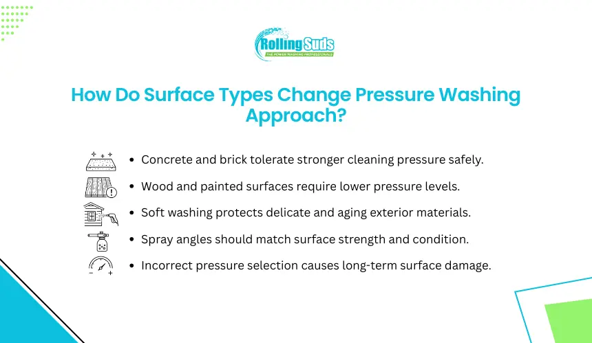Surface type washing guide for concrete, wood and soft wash methods.