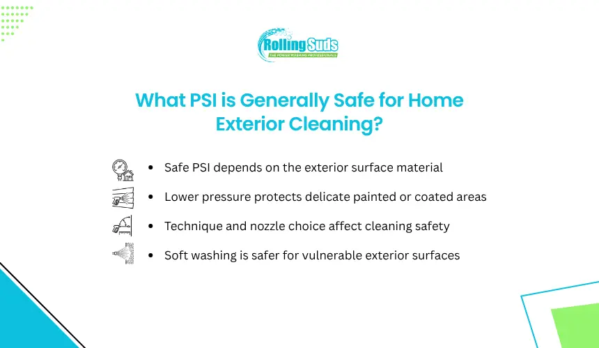 Safe home exterior PSI infographic with surface and nozzle guidance.