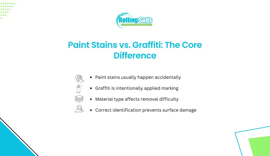 Paint stains vs. graffiti core difference graphic, with four points.