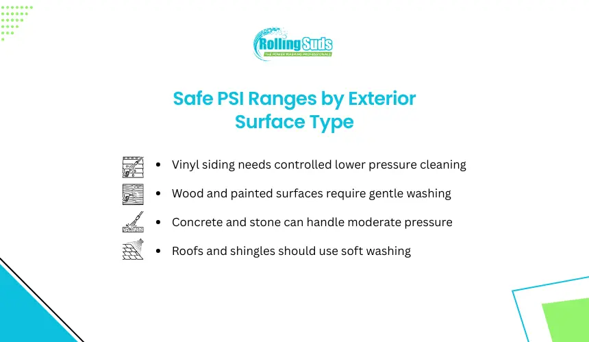 Safe PSI range infographic for siding, wood, concrete and roof care.