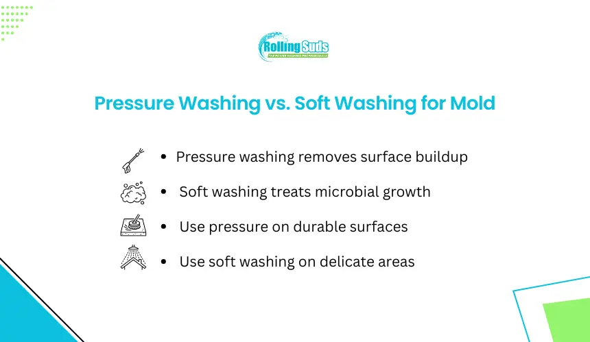 Infographic compares pressure washing with soft washing for mold care